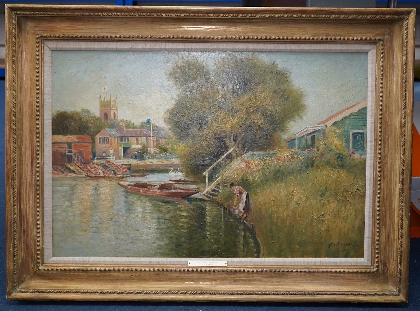 Charles John de Lacy (1856-1936), oil on canvas, Church Island on the Thames, Staines, signed and dated 1905, 40 x 60cm. Condition - fair to good